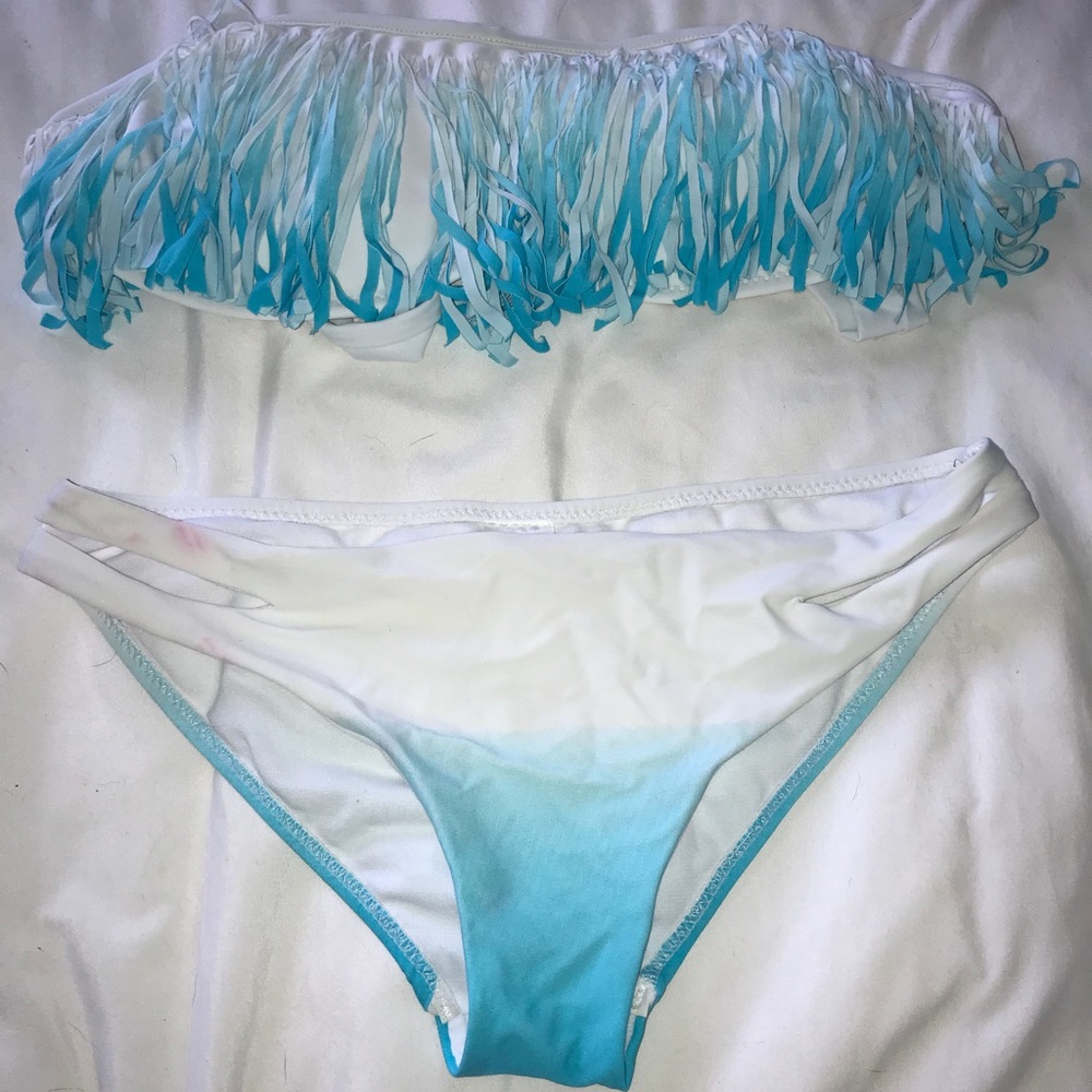 blue and white bikini set